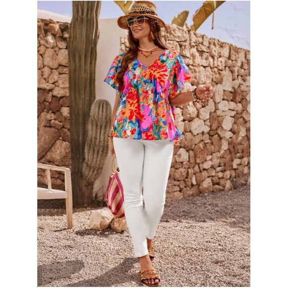 EMERY ROSE Plus Size Women Floral Print Tie Back Ruffle Short Sleeve Shirt, 0XL - Picture 4 of 9